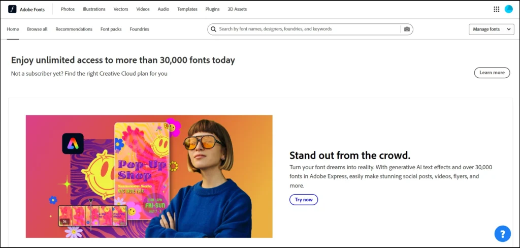 Adobe Fonts Homepage preview