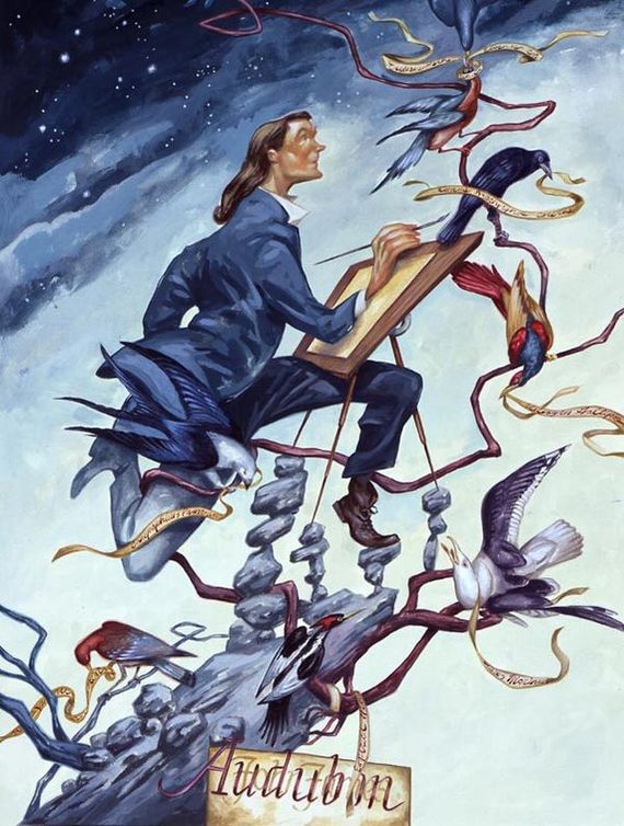 painter with birds standing on cliff