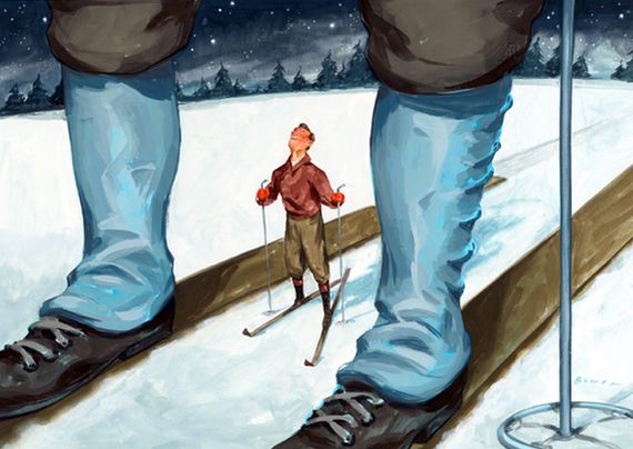 ski man standing between giant feet
