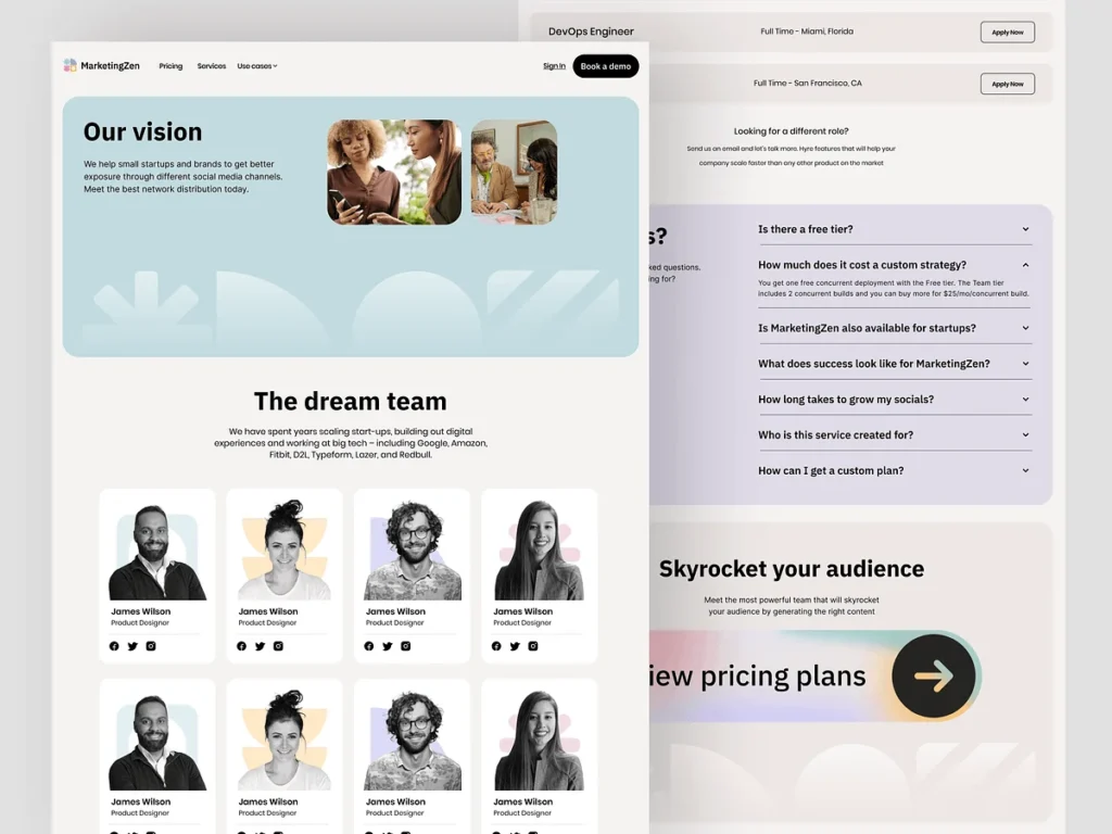 About Us page design of a marketing agency