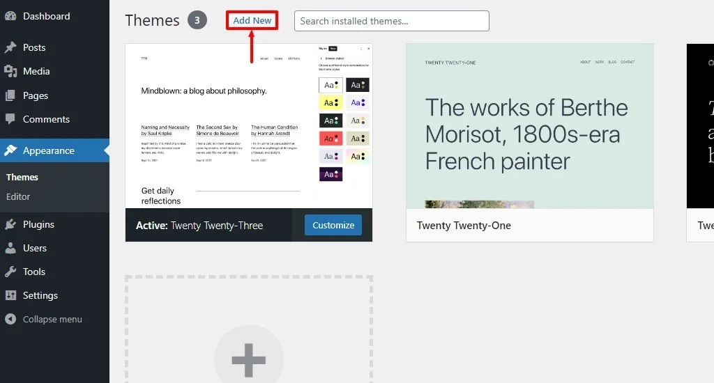 Clicking on Add New theme