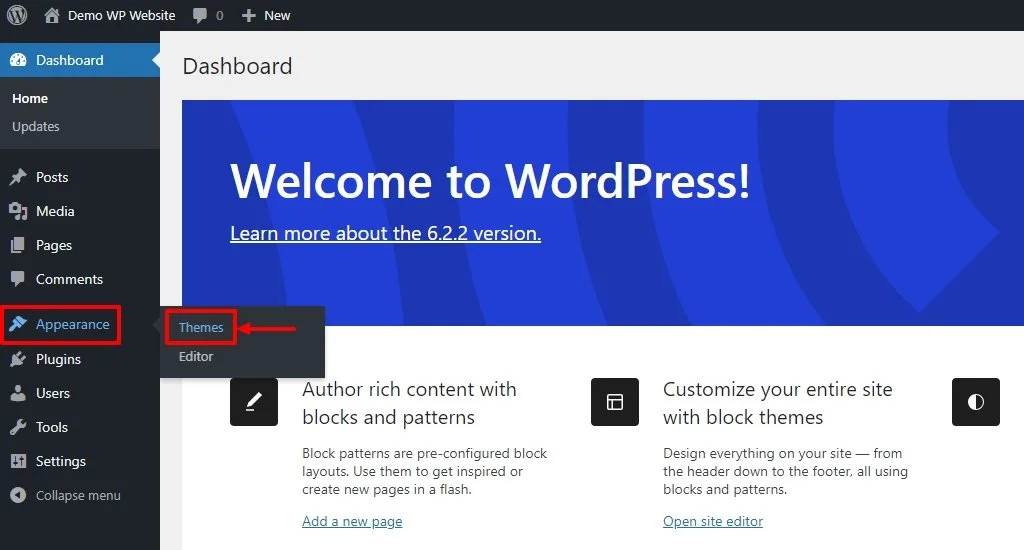 Clicking Themes menu in dashboard