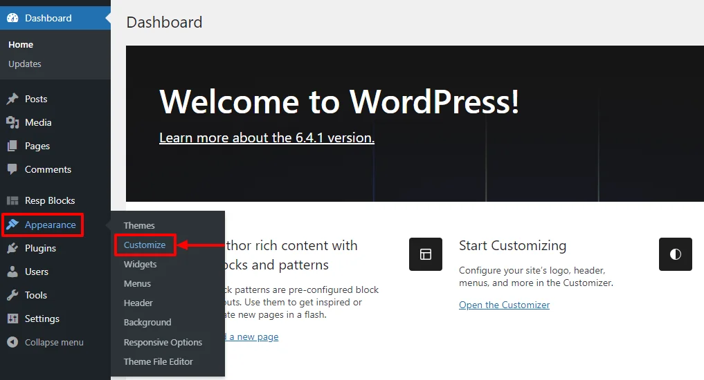 Choosing Customize in dashboard