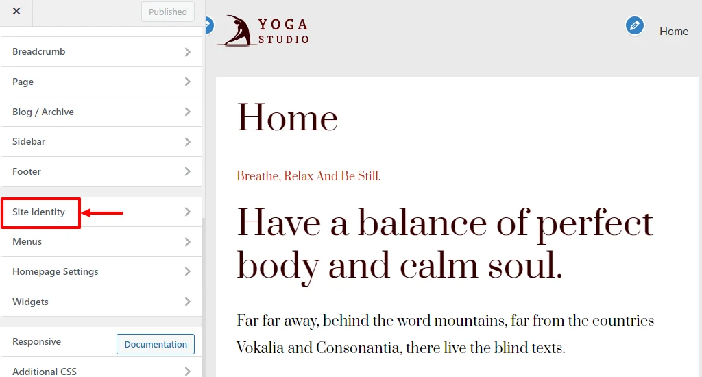 Selecting Site Identity in dashboard