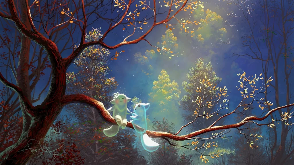 Fairytale-wallpaper-2 a fairytale wallpaper of two white cats siting on a tree