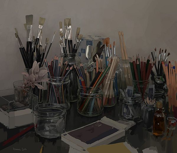 An illustration showing a table full of jars with paintbrushes