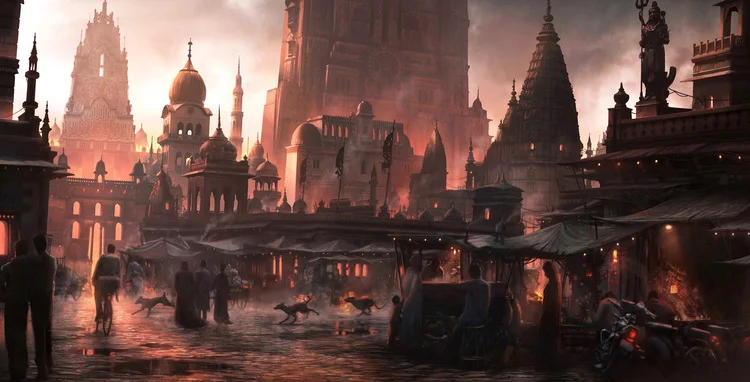 a busy market in the evening