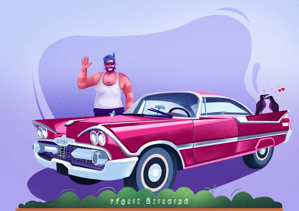 2984-car-on-rainbow man standing next to a retro car design
