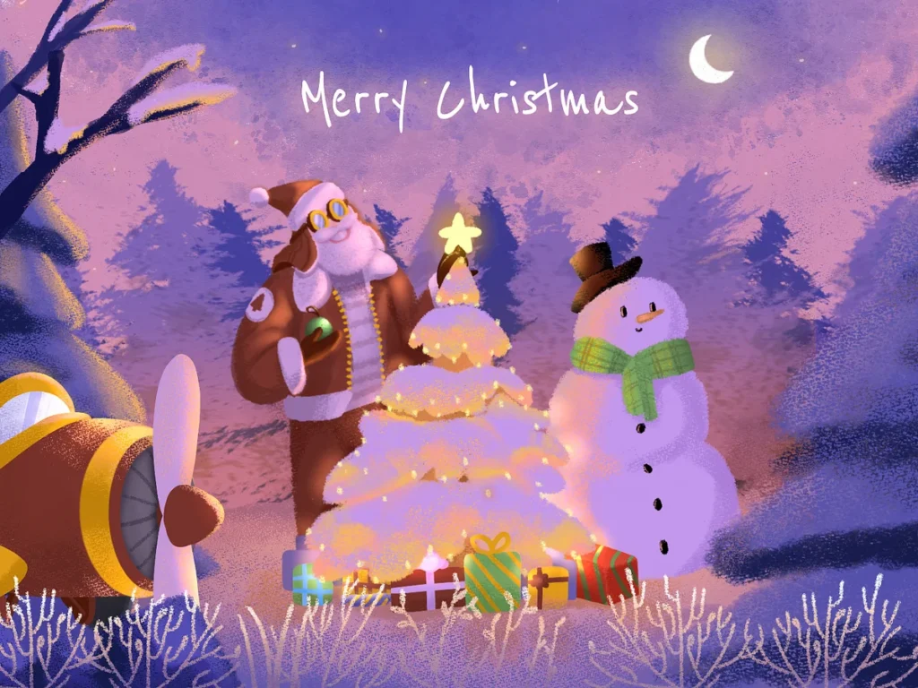 beautiful illustration of Santa standing next to a Christmas tree and snowman