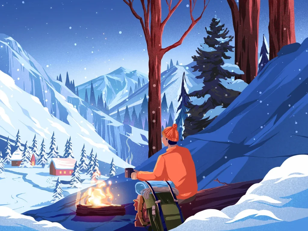 an illustration of a mountaineer sitting next to a bonfire