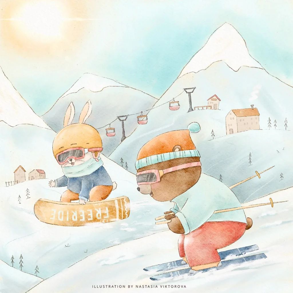 a bear and a bunny skiing