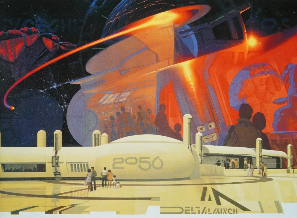 Spaceship 2056 - retro futurism artwork, retrofuturism artwork, retro futurism painting, retro futuristic artwork