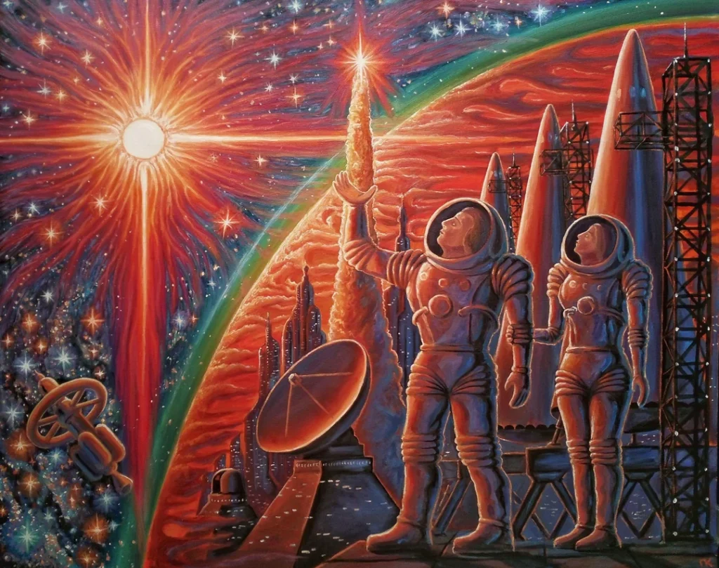 retro futurism painting, neon retro, 80s sci-fi, vaporwave aesthetics,