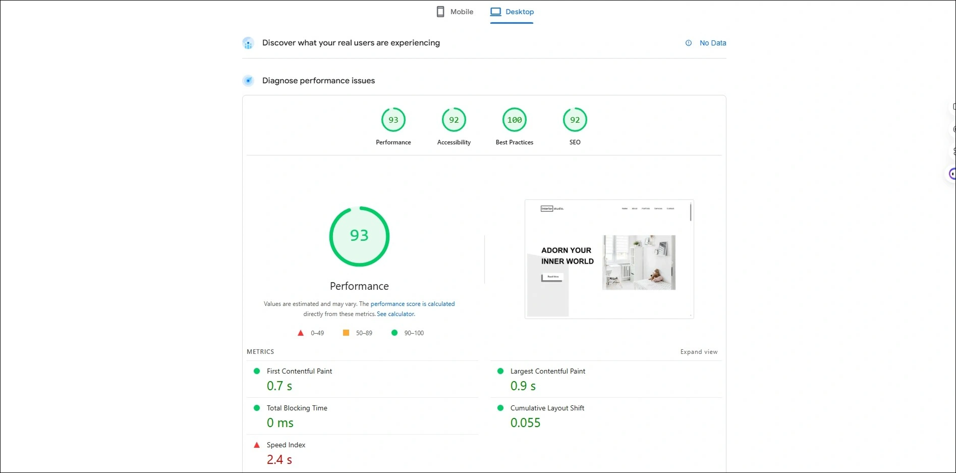 PageSpeed Insights test
